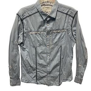 MARC ECKO SOHO NYC Mens Medium Shirt Pearl Snap Button Blue Light Long Sleeve